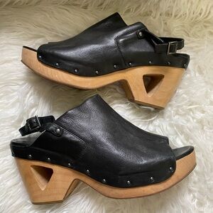 Eileen Fisher Wedge Sandals 11 Black Leather Cut Out Heel Clogs